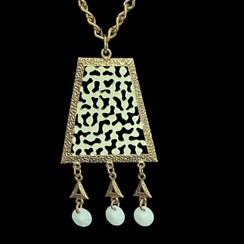 Vintage Lisner Necklace White Enamel Open Metalwork Gold Tone Dangles Boho 1970s